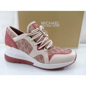 Michael Kors Liv Trainer Wedge Lace Up Sneaker MK Degrade Jacquard Fawn